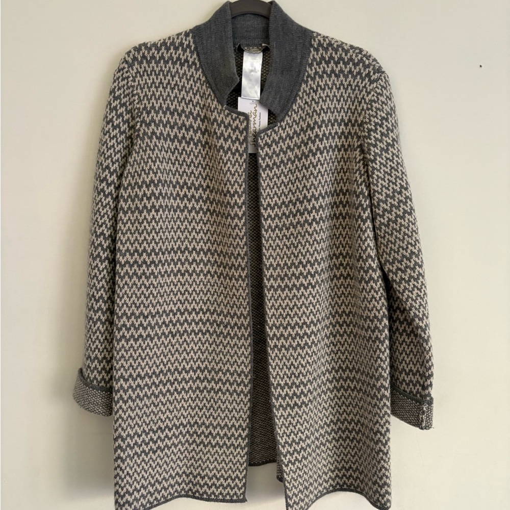 Cocogio Italian Wool Blend Gray and Cream Knit Cardigan Coat